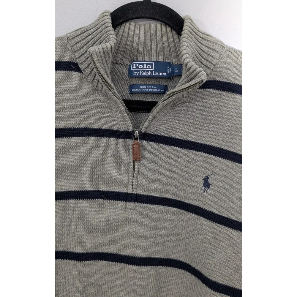 VTG Polo Ralph Lauren 1/4 Zip Sweater Men Large Gray Striped Mock Neck Pullover